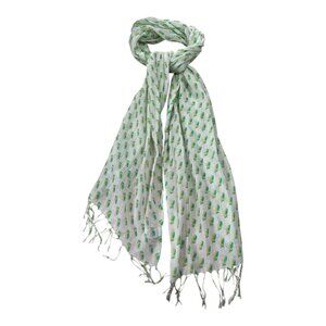 Old Navy Owl Linear Scarf White Multi Green Yellow Fringed Acrylic 2012